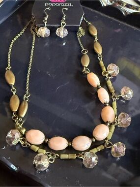 paparazzi Peachy Pink Faceted Bead Layered Necklace and Earrings HTF